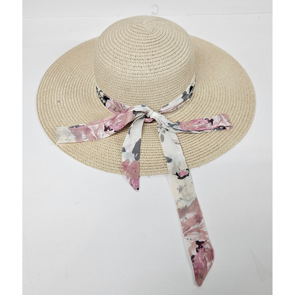 Vince Camuto Womens Wide Brim Straw Sun Hat Tan Floral Scarf Tie OS NEW